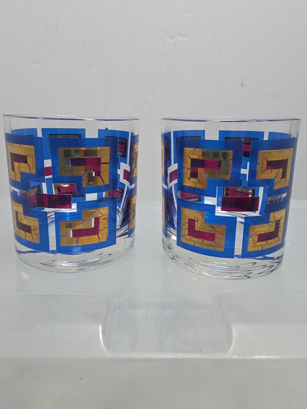 Vintage Berta MCM Atomic Greek Key Blue Red Gold Lowball Glasses Set of 2